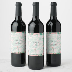 Pink Tropical Banana Palm Leaves Wedding Wine Label
