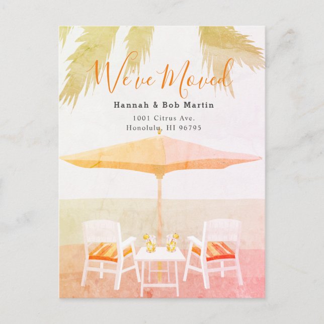 Pink Tropical Beach Chairs Moving Announcement Postcard (Front)