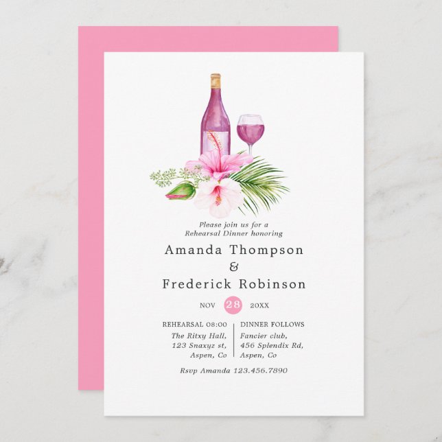 Pink Tropical Beach Rehearsal Dinner Wine Tasting Invitation (Front/Back)