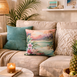 Pink Tropical Beach Throw Pillow