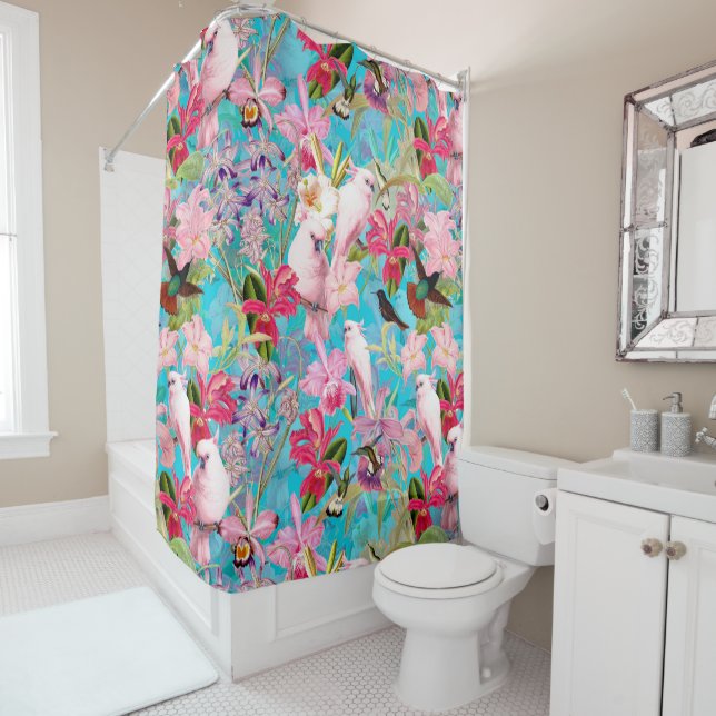 Pink Tropical Bird And Orchid Flower Pattern (In Situ)
