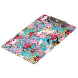 Pink Tropical Bird And Orchid Flower Pattern Clipboard