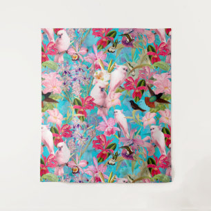 Pink Tropical Bird And Orchid Flower Pattern Tapestry