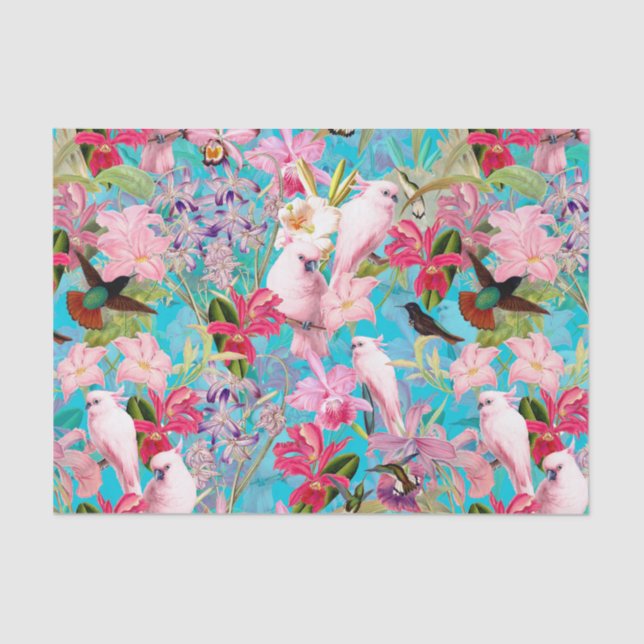 Pink Tropical Bird And Orchid Flower Pattern Tissue Paper (Front)