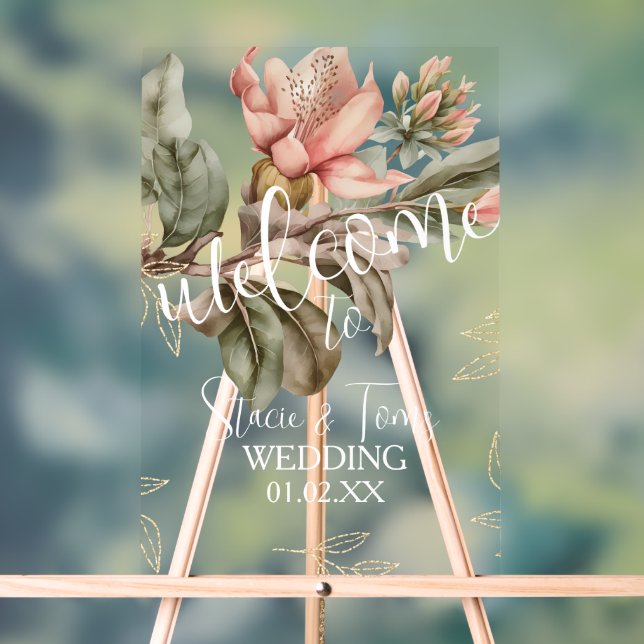Pink Tropical Botanical Florals Gold Wedding Acrylic Sign (Neutral)