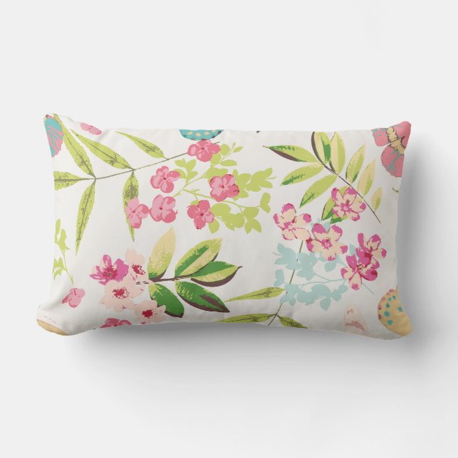 Pink Tropical Butterfly Floral Girly Flower Print Lumbar Pillow (Front)