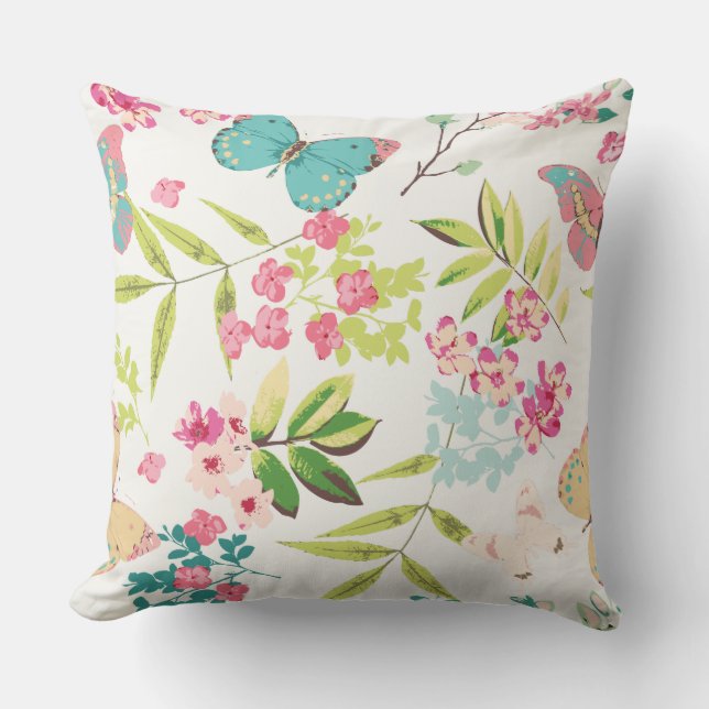 Pink Tropical Butterfly Floral Girly Flower Print Throw Pillow (Front)