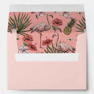 Pink Tropical Flamingo, Hibiscus and Leaves Beach Envelope