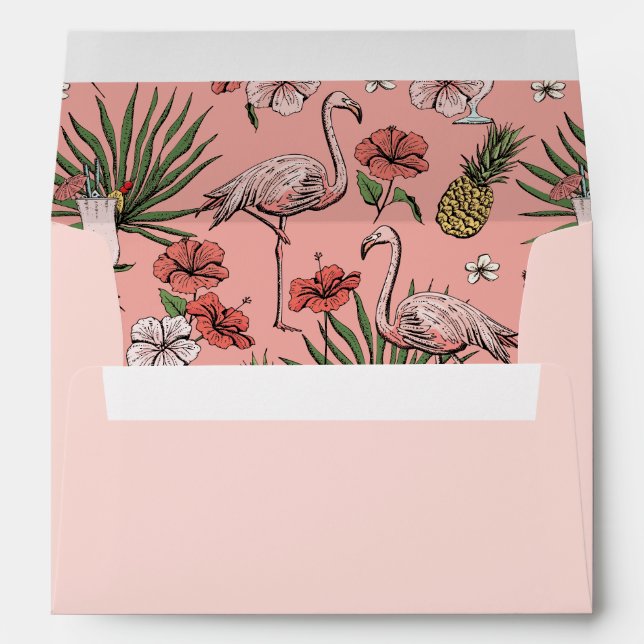 Pink Tropical Flamingo, Hibiscus and Leaves Beach Envelope (Back (Bottom))