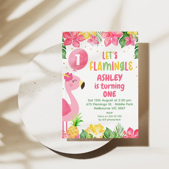 Pink Tropical Flamingo Lets Flamingle 1st Birthday Invitation (Let’s Flamingle Birthday Invitation, Summer birthday invite, Pink Flamingo Birthday Invite, Tropical)