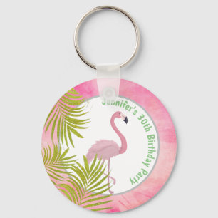 Pink Tropical Flamingo Personalized Birthday Keychain