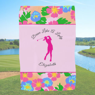 Pink Tropical Floral Custom Name Bright Colorful Golf Towel