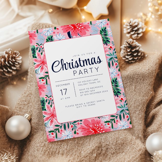 Pink Tropical Floral Fête Invitation (Tropical Pink Floral Christmas Party Invite)