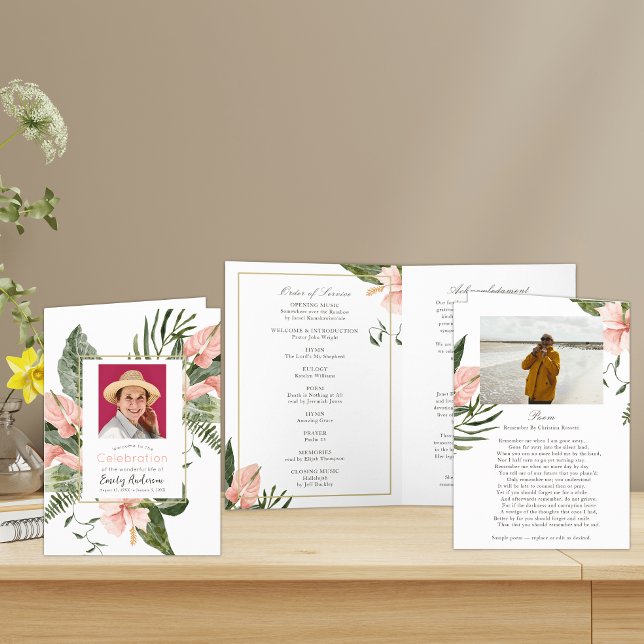 Pink Tropical Floral Funeral Order Of Service Program (Creator Uploaded)