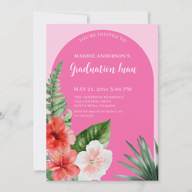 Pink Tropical Floral Graduation Party Invitation (Front)