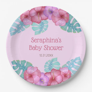 Pink Tropical Floral Hibiscus Baby Shower Paper Pl Paper Plate
