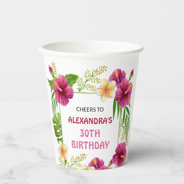 Pink Tropical Floral Luau Party Cups Birthday (Front)