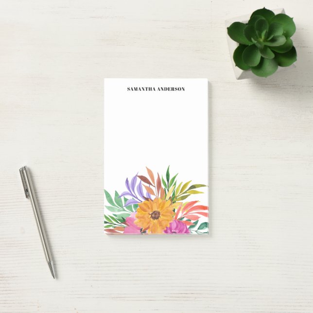 Pink Tropical Floral Watercolor Name Post-it Notes (Office)