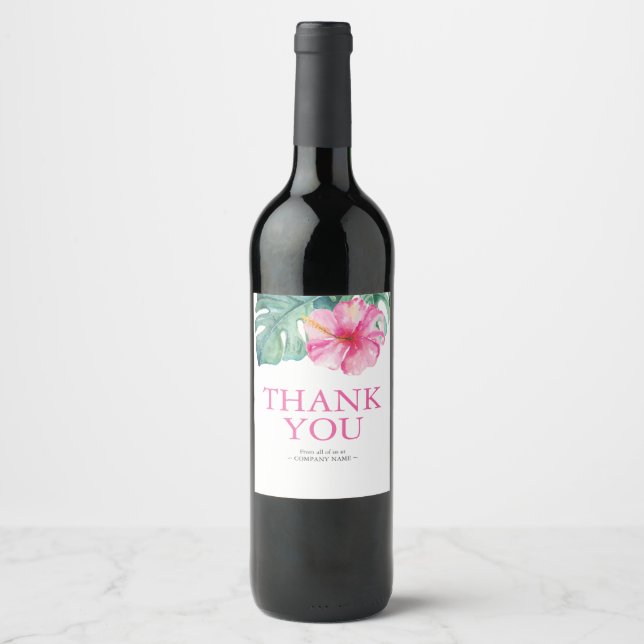 Pink Tropical Flower Wine Label Thank You (Front)