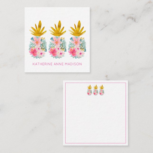 Pink Tropical Flowers and Gold Pineapples Card (Front/Back)