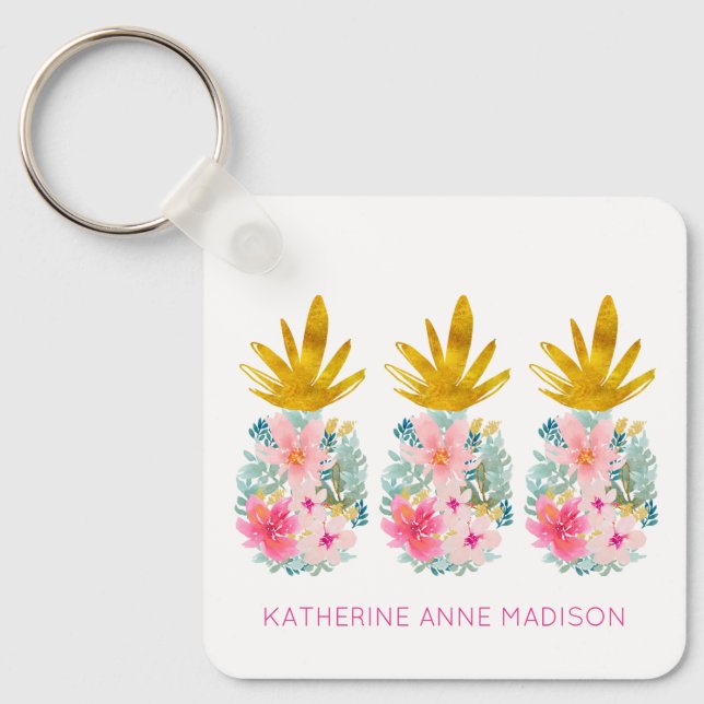 Pink Tropical Flowers and Gold Pineapples Keychain (Front)