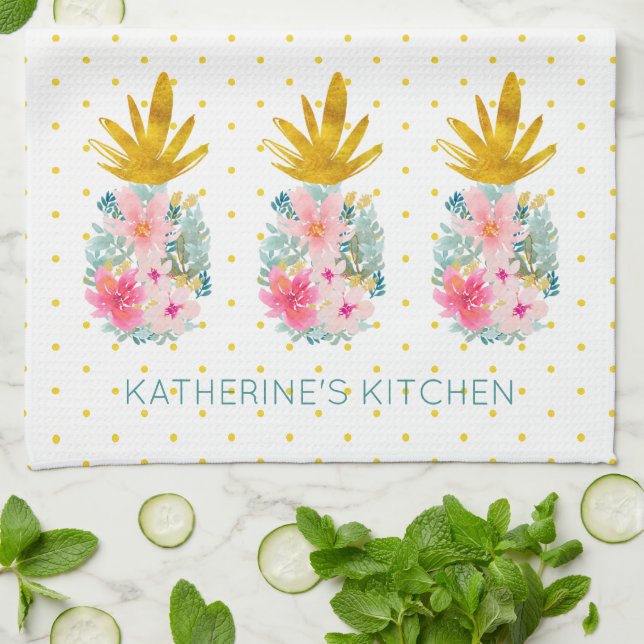 Pink Tropical Flowers and Gold Pineapples Kitchen Towel (Folded)