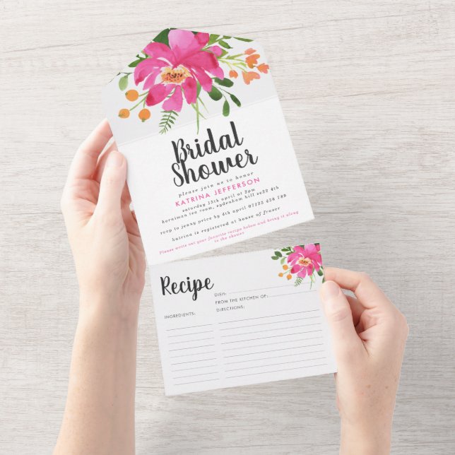 Pink Tropical Flowers Bridal Shower Recipe  All In One Invitation (Tearaway)