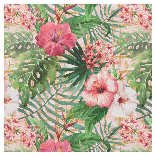 Pink Tropical Flowers Fabric (Close Up)