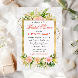 Pink Tropical Flowers Gold Foil Bridal Shower Invitation