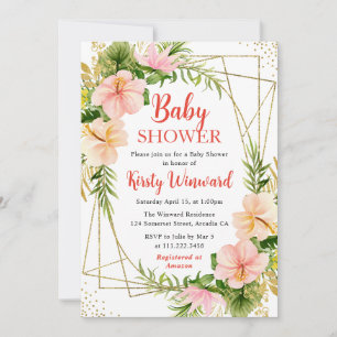 Pink Tropical Flowers & Gold Frame Baby Shower Invitation