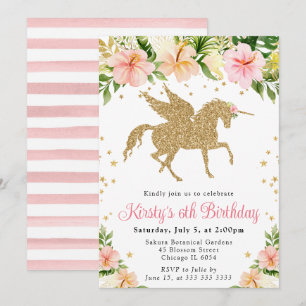 Pink Tropical Flowers Gold Unicorn Birthday Party Invitation