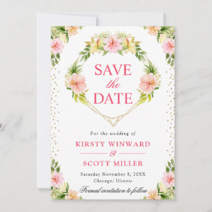 Pink Tropical Flowers Heart Wreath Wedding Save The Date