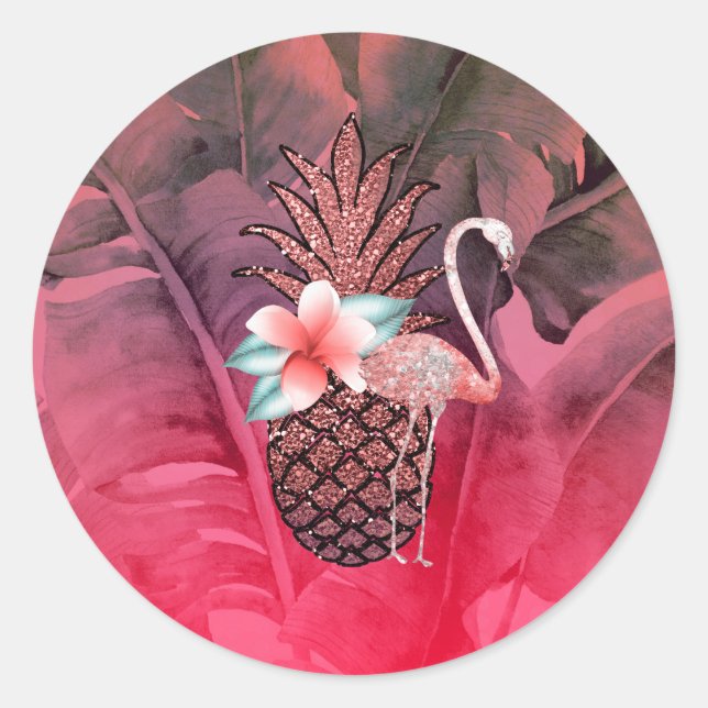 Pink Tropical Glitter Pineapple Luau Party Classic Round Sticker (Front)