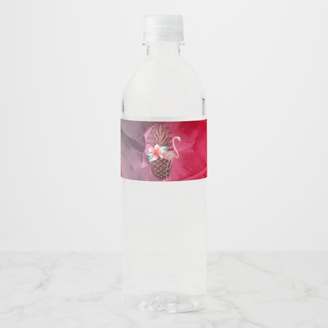 Pink Tropical Glitter Pineapple Luau Party Water Bottle Label (Front)