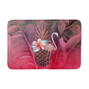 Pink Tropical Glitter Pineapple Palm Leaves Chic Bath Mat
