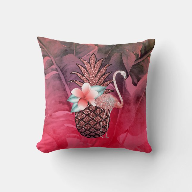 Pink Tropical Glitter Pineapple Palm Leaves Chic Throw Pillow (Front)
