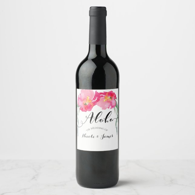 Pink Tropical Green Leaf Floral Aloha Wedding Wine Wine Label (Front)