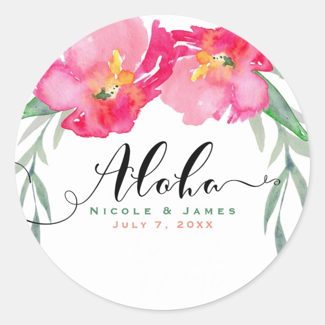Pink Tropical Green Leaf Vine Floral Aloha Party Classic Round Sticker (Front)