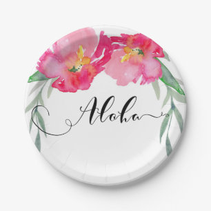 Pink Tropical Green Leaf Vine Floral Aloha Party Paper Plate