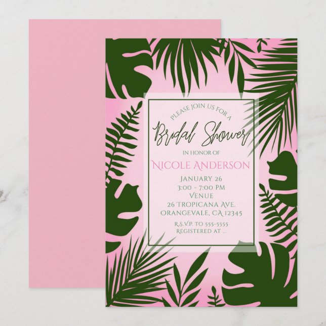 Pink Tropical Green Leaves Summer Bridal Shower Invitation (Front/Back)