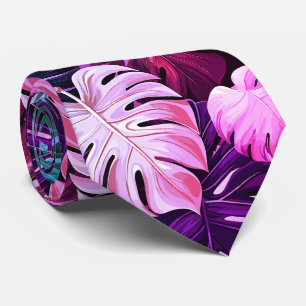 Pink Tropical Hawaiian monstera pattern Tie