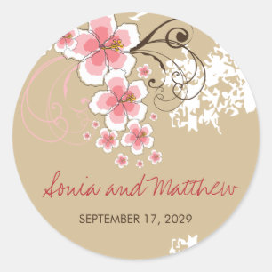 Pink Tropical Hibiscus Beach Wedding Stickers