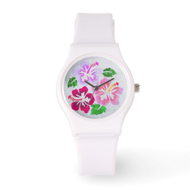 Pink Tropical Hibiscus Flowers Hawaii Ladies Watch (Front)