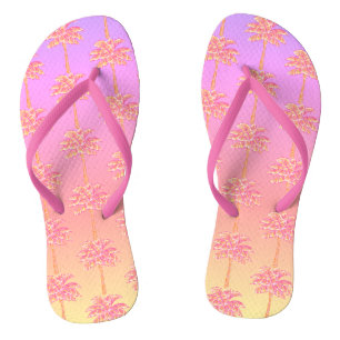 Pink Tropical Island Sunset Palm Tree Flip Flops