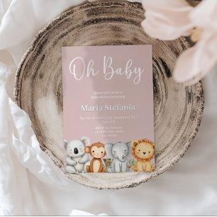 Pink Tropical Jungle Safari Baby Shower Animals  Invitation