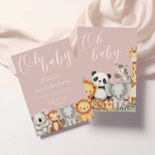 Pink Tropical Jungle Safari Baby Shower Animals  Invitation