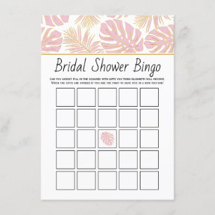 Pink tropical leaves bridal shower bingo game card