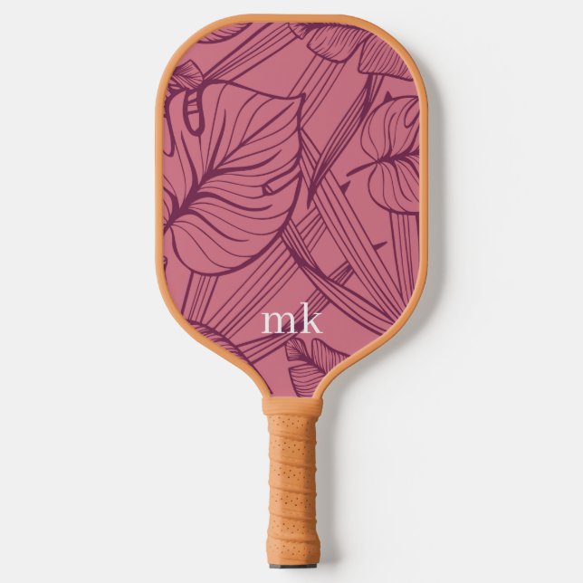 Pink Tropical Leaves Monogram Pickleball Paddle (Front)
