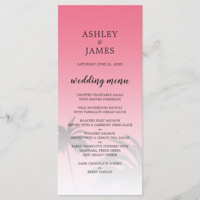 Pink Tropical Palm Tree Beach Wedding Menu (Front)