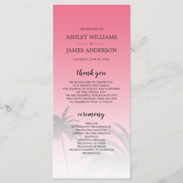 Pink Tropical Palm Tree Beach Wedding Program (Front)
